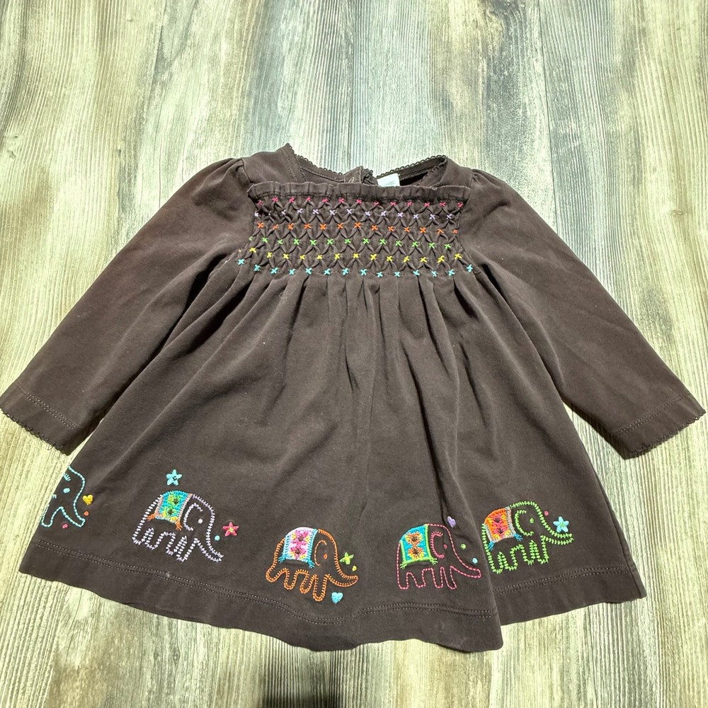 Boho babyGap Dress Brown Cotton Smocked Rainbow Elephant Kidcore 18-24M
